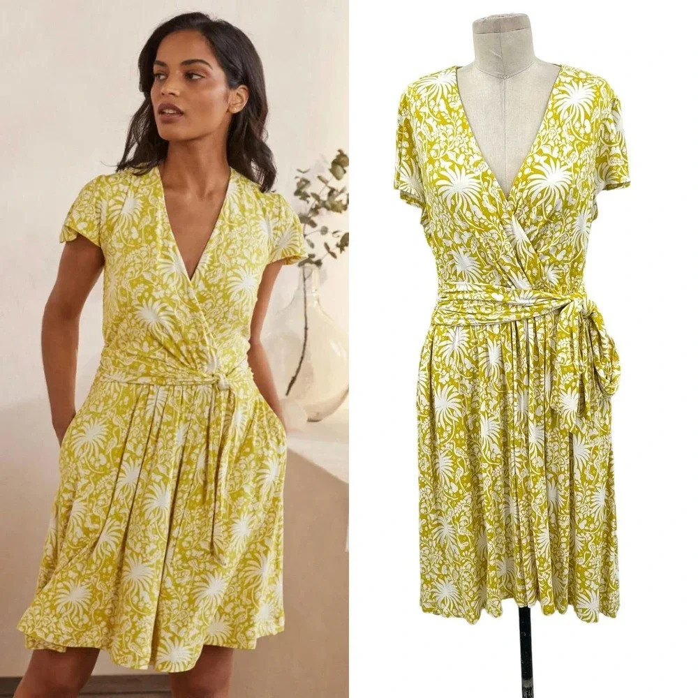 Boden Evangeline‎ Jersey Wrap Dress Yellow Floral Print Size US 12R